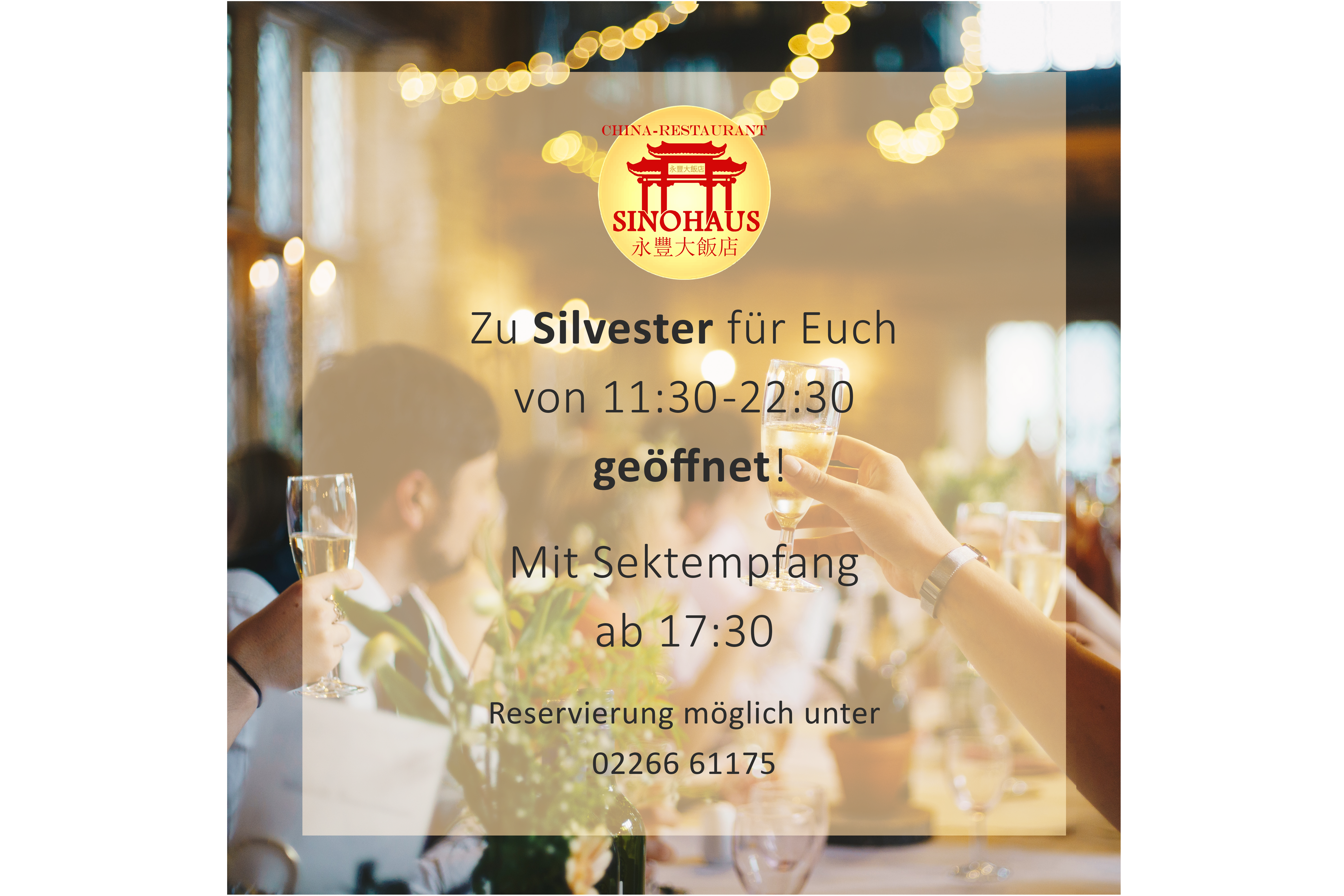 Zu Silvester von 11 Uhr 30 bis 22 Uhr 30 geöffnet. Mit Sektempfang ab 17 Uhr 30. Reservierungen unter 0226661175